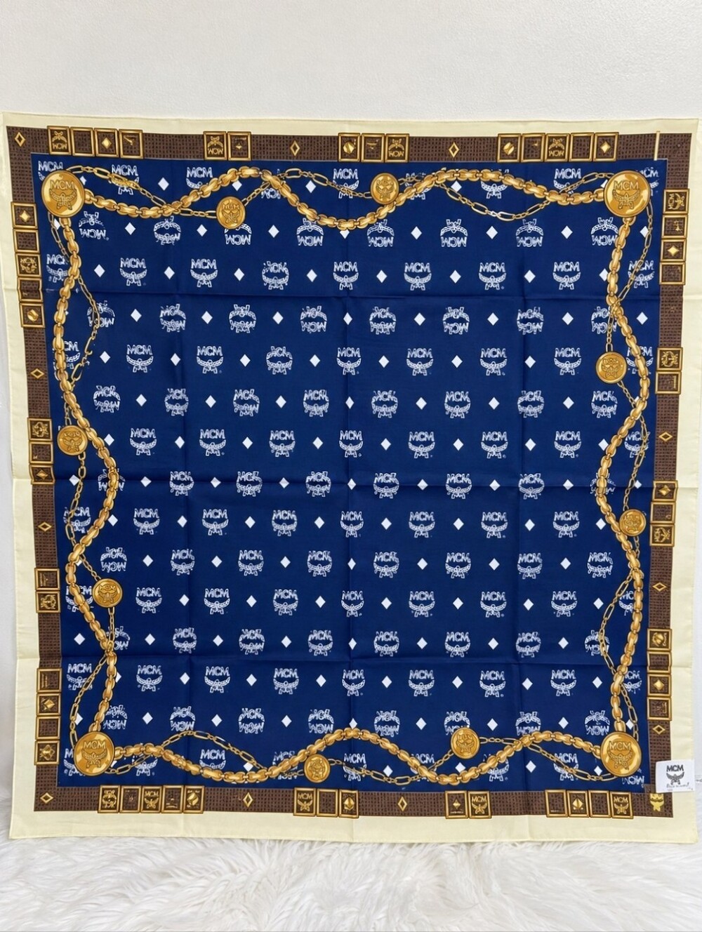 NWT MCM Navy Blue and Gold Logo Print Scarf Panel